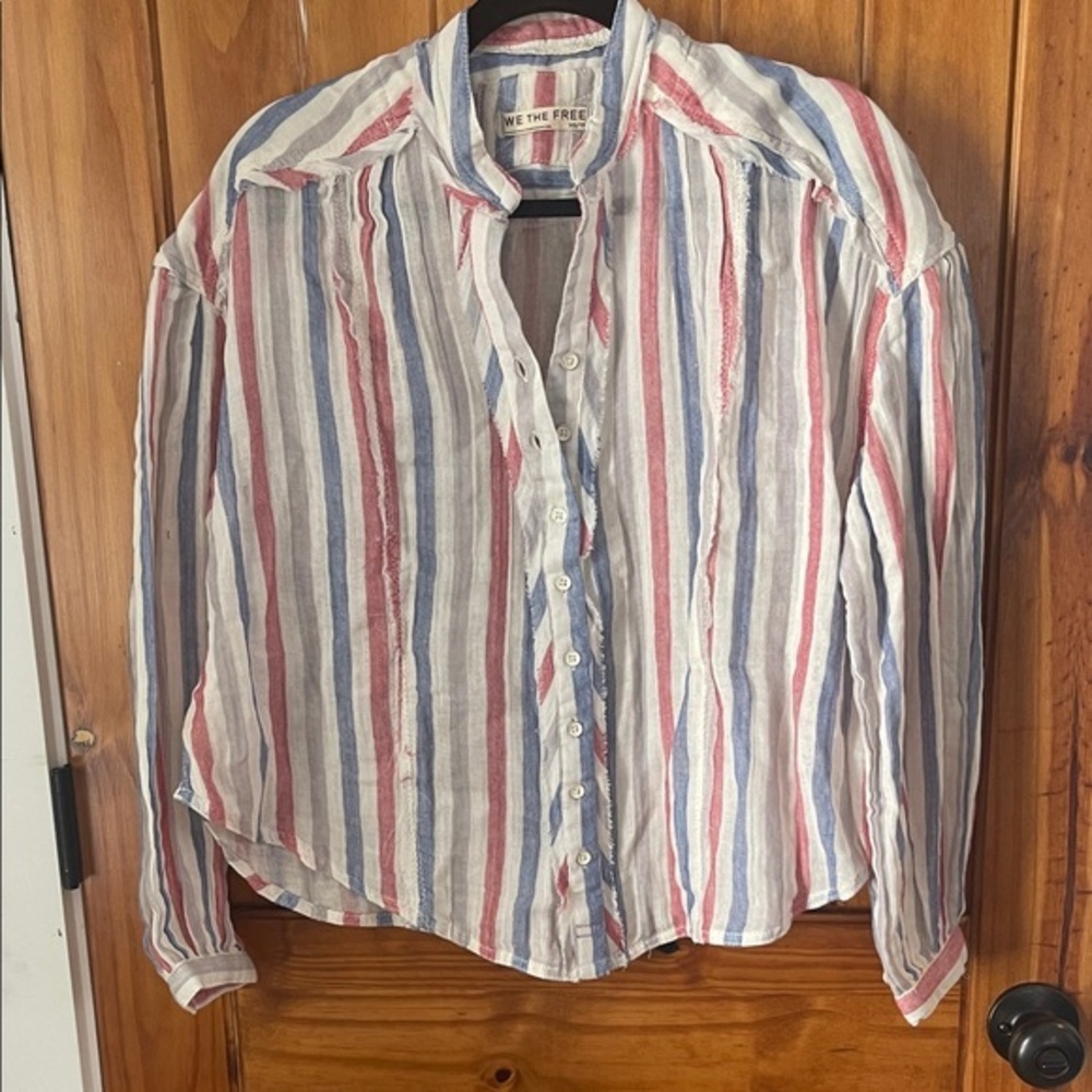 We The Free" Valley Double Cloth Striped Shirt XS red white blue grey cotton